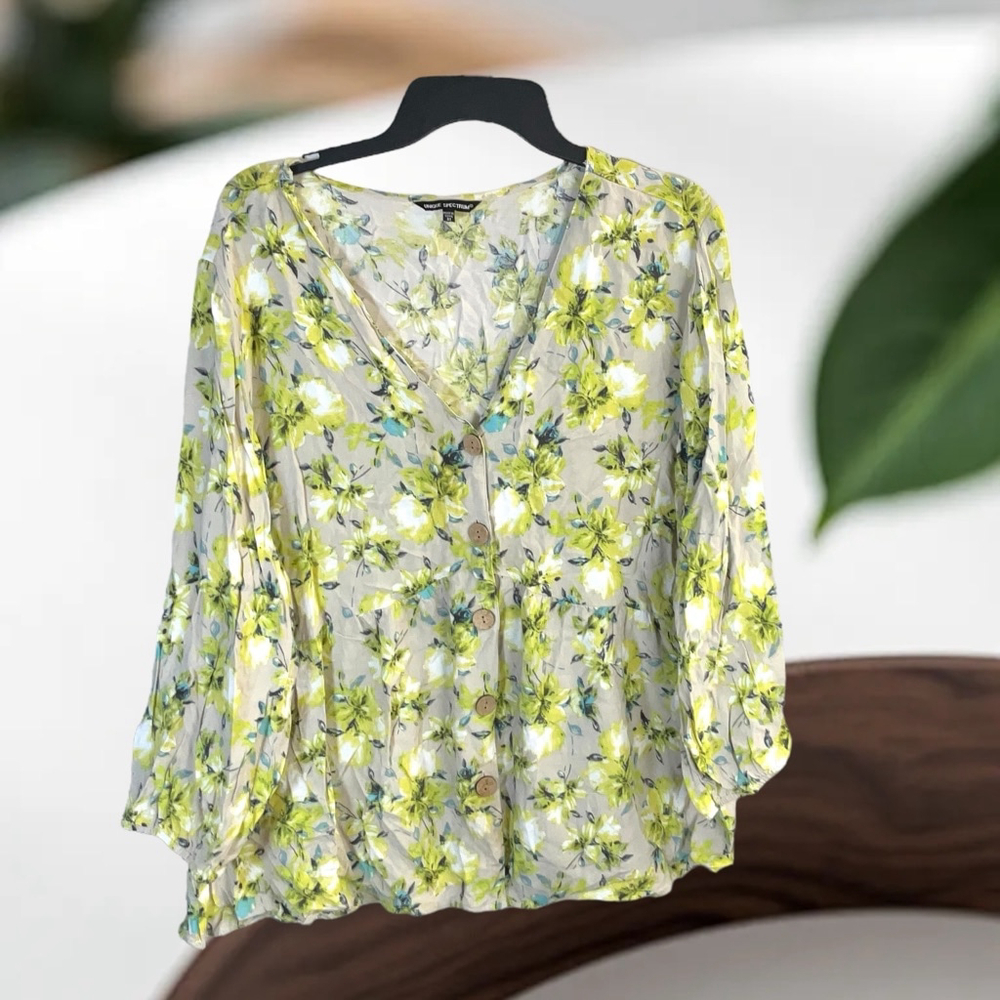Unique Spectrum Beige & Multicolor Floral Button Peplum 3/4 Sleeve Blouse Wm 3X